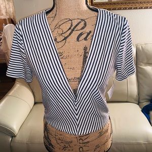 ✳️Deep V Neck Crop Shirt Navy Blue & White✳️